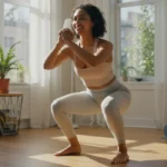 Woman performing bodyweight squats in bright living room for no equipment home workout routine