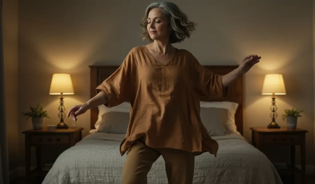 Woman practicing free-form dance with eyes closed in bedroom showing authentic movement without rules or judgment