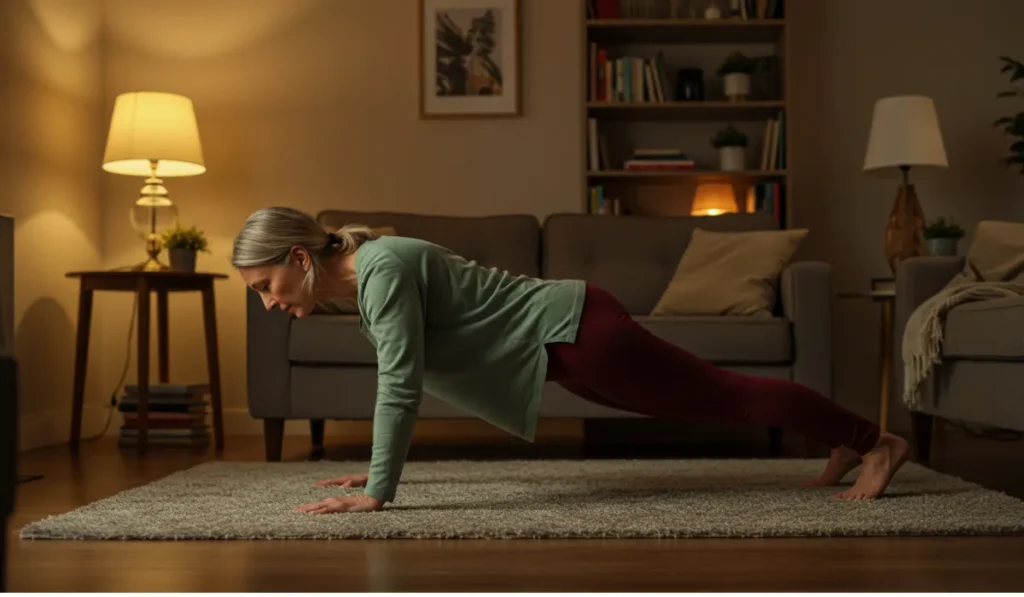 No-Equipment Home Workouts: Woman performing modified plank exercise on rug for moderate energy home workout