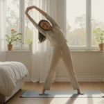 Woman performing gentle morning exercise routine stretches in bright bedroom with natural sunlight