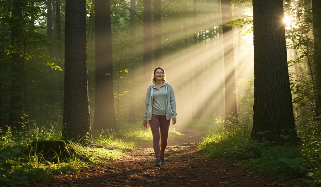 Woman enjoying nature walk benefits on peaceful forest trail for outdoor exercise and wellness