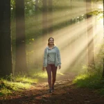 Woman enjoying nature walk benefits on peaceful forest trail for outdoor exercise and wellness