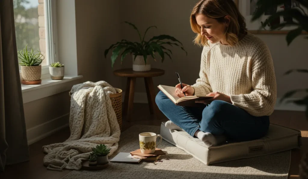 Woman writing in journal to create personal energy-based movement calendar at home