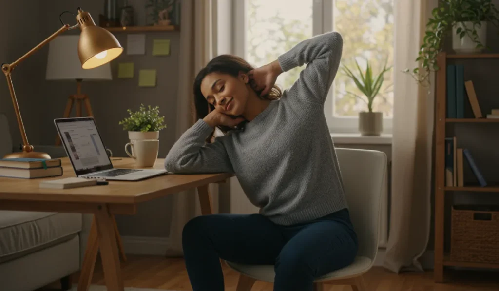 Woman doing seated spinal twist desk stretches at home office to improve spine health and posture