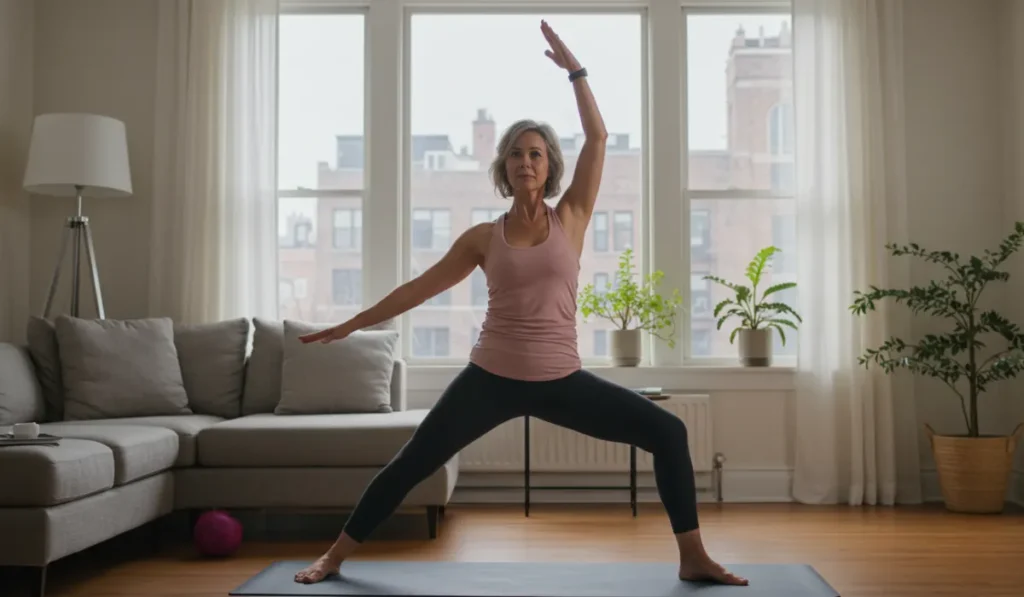 Woman performing energizing sun salutation flow in living room for 5-minute morning exercise routine